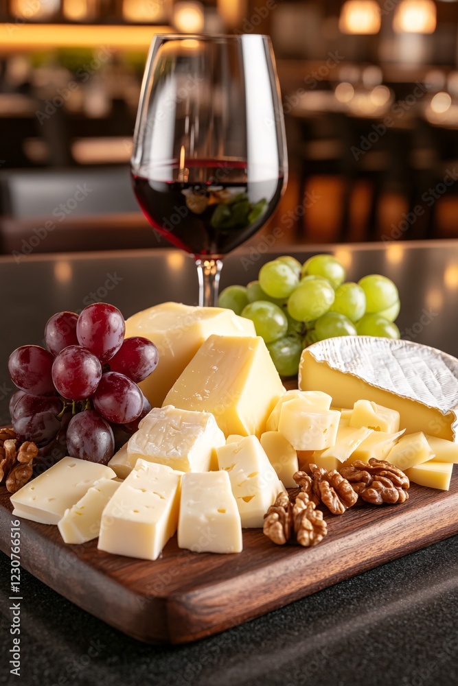 Rustic Wooden Board with Assorted Cheeses, Grapes, Nuts, and Red Wine Rustic Wooden Board with Assorted Cheeses, Grapes, Nuts, and Red Wine