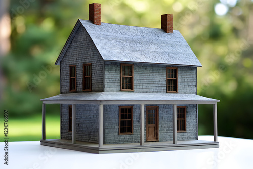 A detailed model of an old New England-style house with a gray shingle roof, white walls, and a wooden porch photo