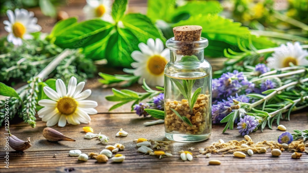 Aromatic blend of essential oils in a glass bottle with dried herbs such as lavender and chamomile flowers surrounded by green leaves, bottle, apothecary Aromatic blend of essential oils in a glass bottle with dried herbs such as lavender and chamomile flowers surrounded by green leaves, bottle, apothecary