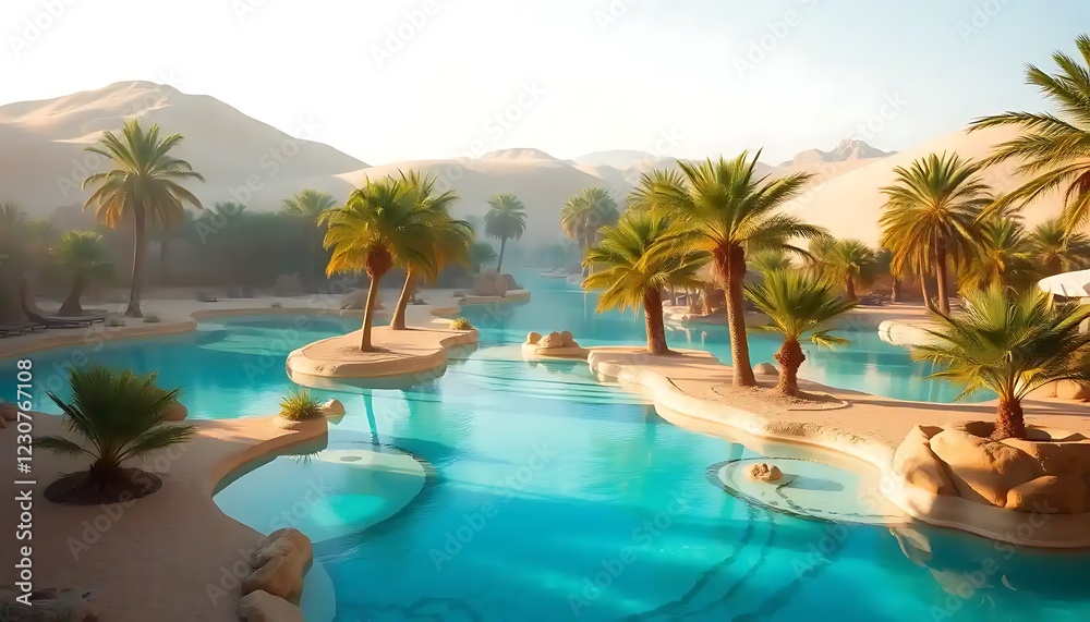 Oasis Resort Pool Surrounded by Palm Trees and Sand Dunes