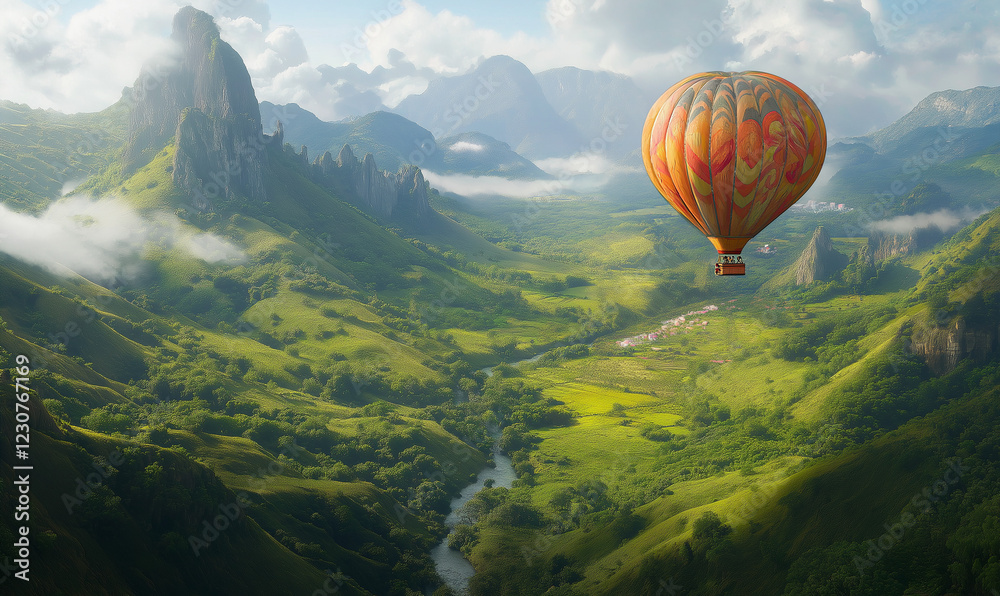 A Hot Air Balloon Soaring Over a Lush Green Valley with a Scenic, Peaceful View A Hot Air Balloon Soaring Over a Lush Green Valley with a Scenic, Peaceful View