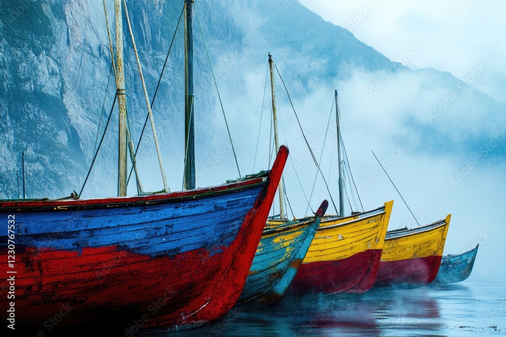 Five weathered wooden boats, painted in vibrant hues of blue, red, and yellow, rest in calm water against a misty mountain backdrop.