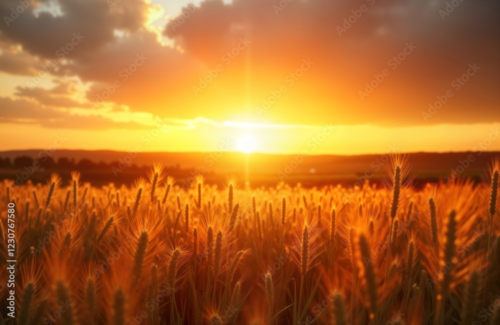 Golden sunset over wheat field. Horizon, dramatic clouds fill sky. Warm light bathes tall wheat stalks. Peaceful, serene rural landscape. Perfect image for farm, harvest, agriculture themes. Nature Golden sunset over wheat field. Horizon, dramatic clouds fill sky. Warm light bathes tall wheat stalks. Peaceful, serene rural landscape. Perfect image for farm, harvest, agriculture themes. Nature