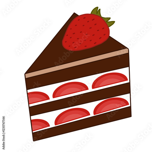 Illustration of a piece of chocolate cake with strawberries.