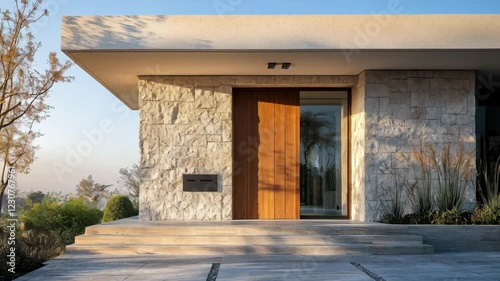 Modern exterior design with stone facade and wooden door at sunrise