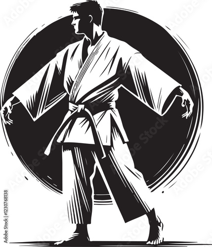 black and white logo with taekwondo and karate people in kimono