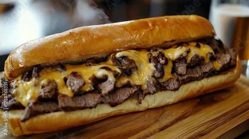 Sizzling steak sandwich with melting cheese on wooden board