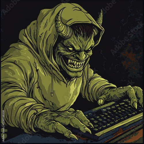 A cartoon depicts an internet troll, wearing a hoodie and operating a keyboard