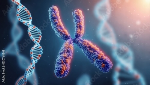 Colorful representation of chromosomes and DNA strands in a scientific setting