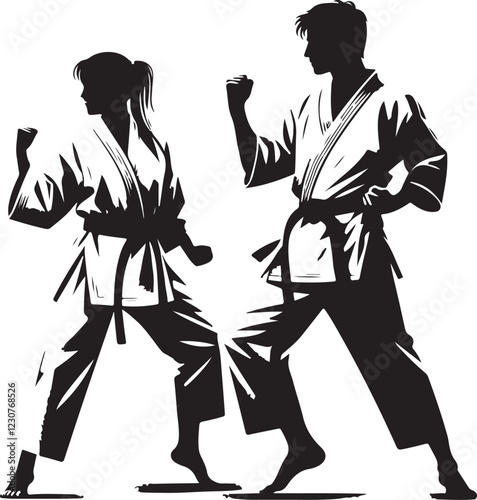 black and white logo with taekwondo and karate people in kimono