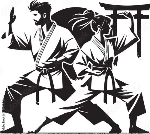 black and white logo with taekwondo and karate people in kimono