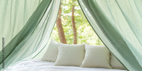 Cozy tent interior, soft bedding with pillows, warmth and comfortable sleeping place for sleeping in the forest in a tent