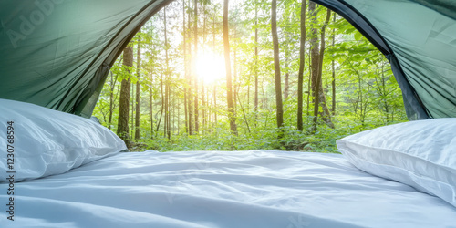 Cozy tent interior, soft bedding with pillows, warmth and comfortable sleeping place for sleeping in the forest in a tent