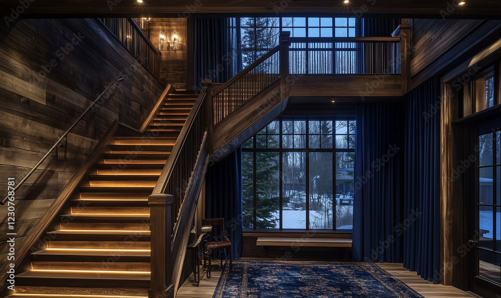 Fototapeta premium Rustic Staircase Featuring a Dark Walnut Railing, Perfect for a Timeless Home Design