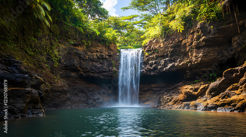 Captivating sight of the secret falls in kapaa's jungle, kapaa, jungle, tropical, hidden, nature. Enchanted Falls. Illustration