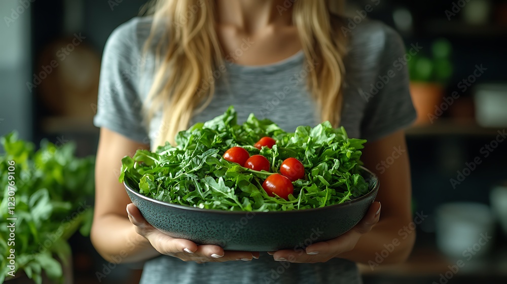 Woman holding a bowl of fresh salad with green vegetables, wearing a grey t-shirt against a dark background Woman holding a bowl of fresh salad with green vegetables, wearing a grey t-shirt against a dark background