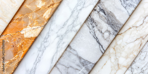 Different marble slabs samples displayed in a showroom, a wide selection of natural marble stone flooring for floor finishes, construction store