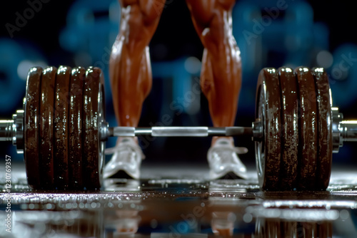 Intense close up of an athlete s muscles during deadlifts and squats against a blurred background photo