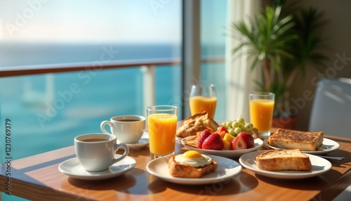 Wallpaper Mural Luxury cruise ship balcony breakfast scene. Fresh fruit platter with strawberries, grapes. Coffee, orange juice served on wooden table. Sunny morning overlooking ocean. Relaxing vacation ambiance. Torontodigital.ca