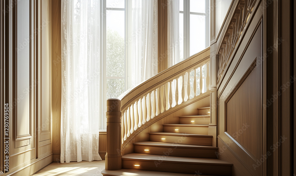 Obraz premium Refined Staircase Design Featuring Lacquered Wood Railings for a Polished and Elegant Look