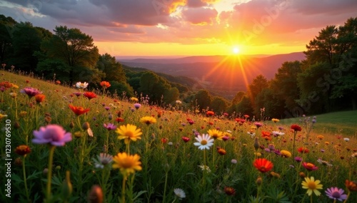 Wildflowers and trees under the warm light of a Shenandoah sunset, serene, peaceful, warm light