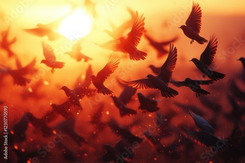 Silhouetted birds in flight against a fiery sunset, a breathtaking scene of nature's beauty.