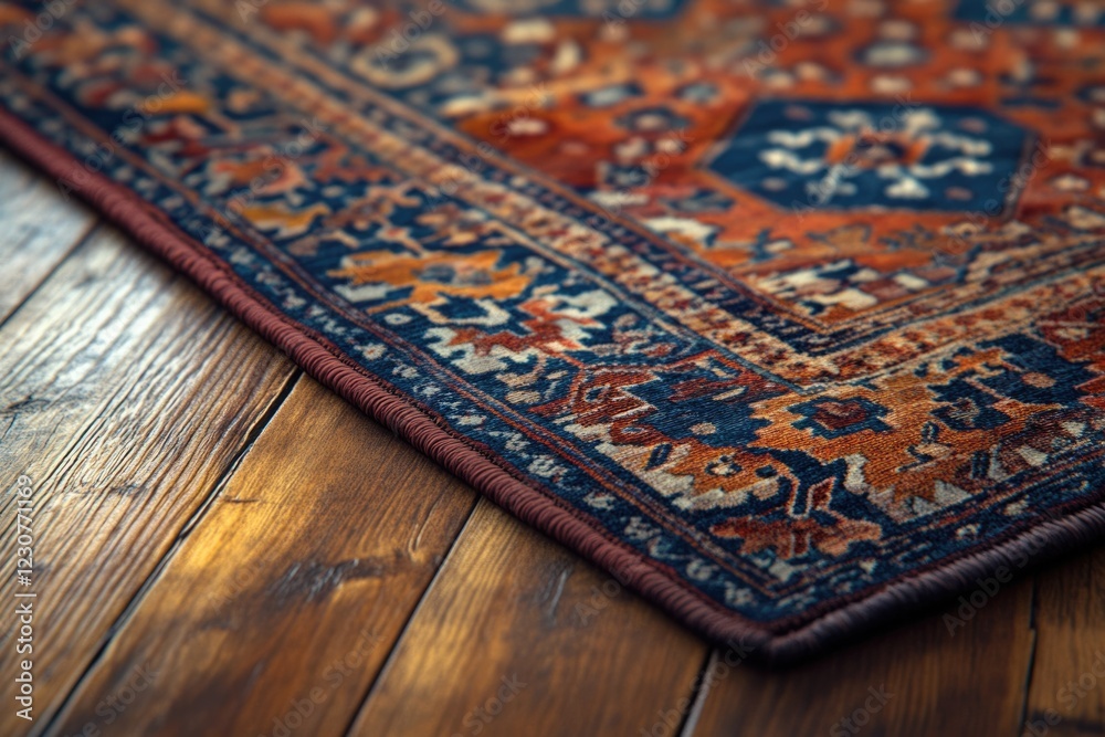 A richly patterned oriental rug with intricate designs and vibrant colors rests on a dark wooden floor. A richly patterned oriental rug with intricate designs and vibrant colors rests on a dark wooden floor.
