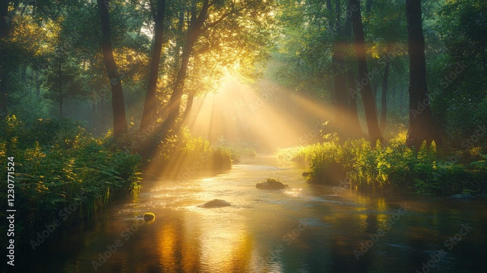 Fototapeta premium Sunbeams illuminate a tranquil forest stream at dawn, casting a golden glow on the water and lush greenery.