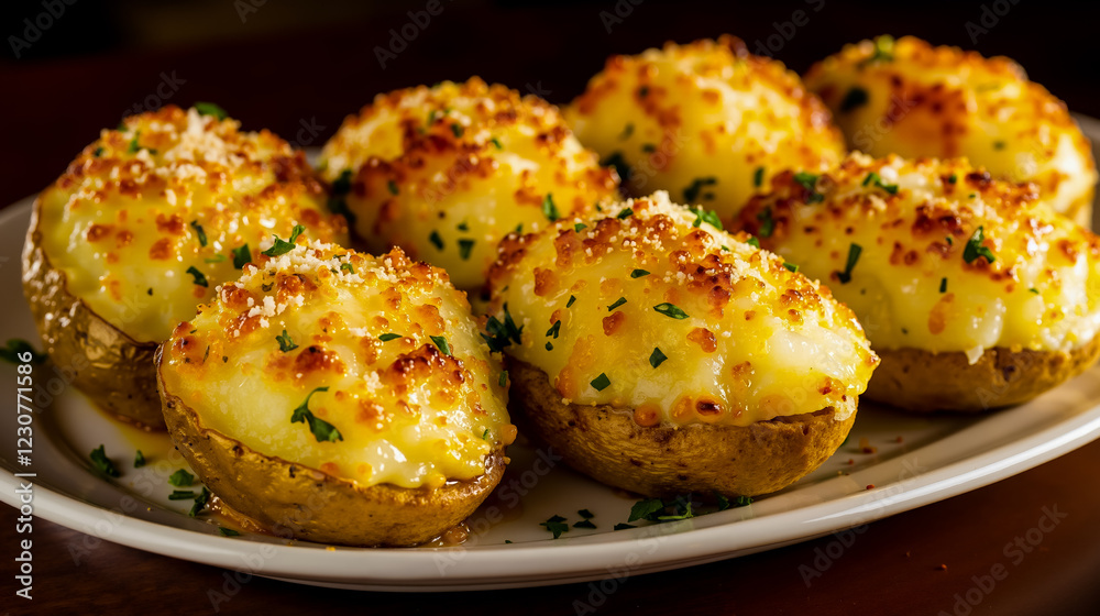 Fototapeta premium A white plate topped with baked potatoes covered in cheese