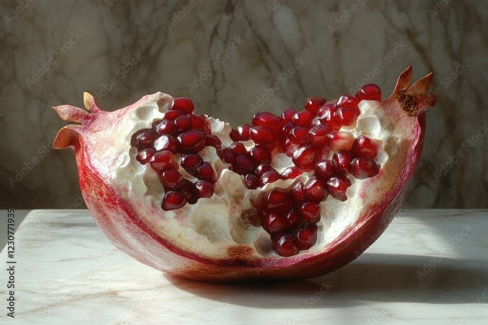 A vibrant half of pomegranate showcasing its juicy, ruby-red arils against a marble background. A vibrant half of pomegranate showcasing its juicy, ruby-red arils against a marble background.