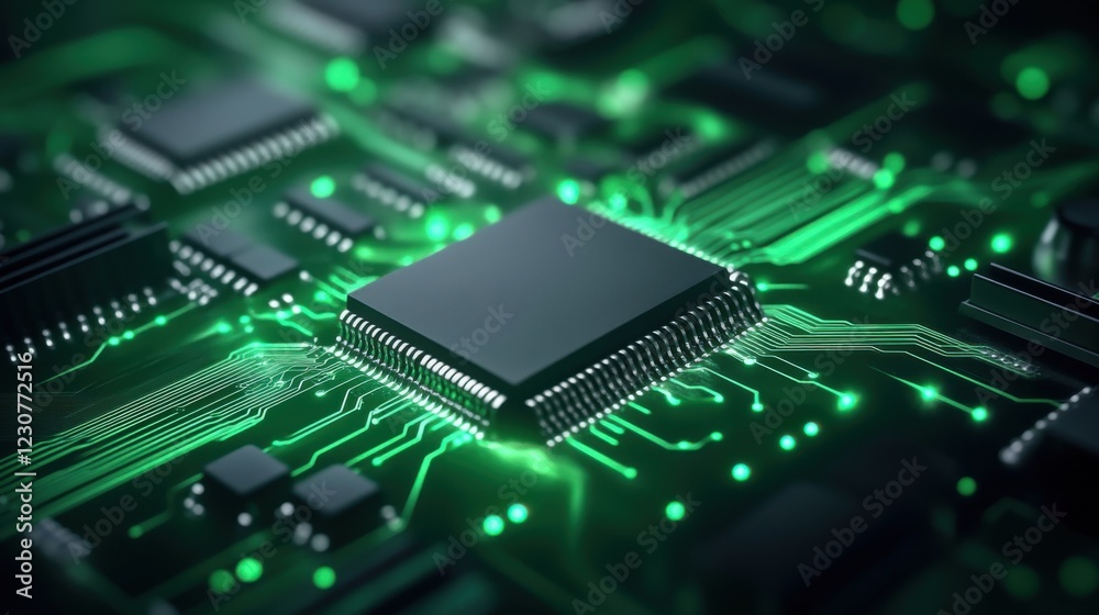 High-Tech Microchip on Circuit Board with Glowing Green Light and Data Flow Visuals for Technology Concepts High-Tech Microchip on Circuit Board with Glowing Green Light and Data Flow Visuals for Technology Concepts