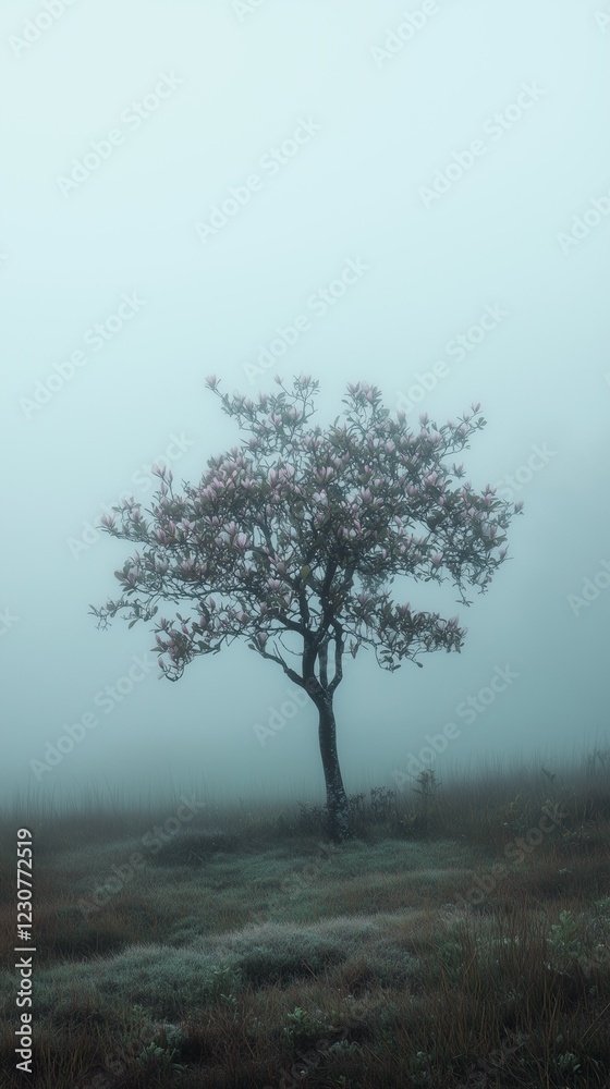 landscape with magnolia tree in full bloom on a foggy morning landscape with magnolia tree in full bloom on a foggy morning