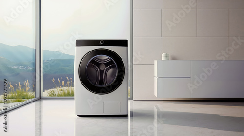 A white washing machine sitting in front of a window in a kitchen