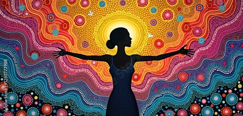 Colorful aboriginal art style woman with arms open embracing diverse cultural heritage of Australia. Image evokes sense of celebration, unity. Vivid colours, intricate dot patterns create festive