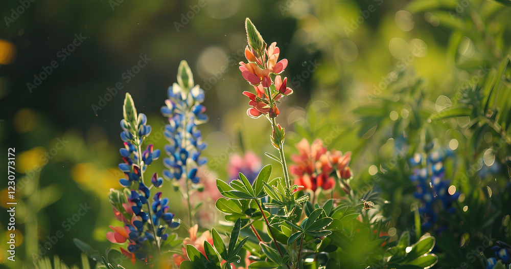 Colorful wildflowers bloom in a lush meadow during springtime, showcasing vibrant hues of blue, red, and green while basking in warm sunlight Colorful wildflowers bloom in a lush meadow during springtime, showcasing vibrant hues of blue, red, and green while basking in warm sunlight