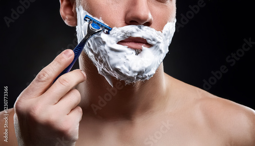 Face with shaving cream, razor, beard, shave, beauty, men, close-up