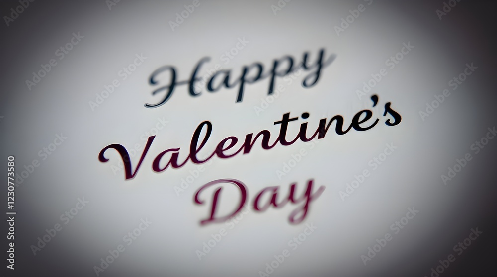 Fototapeta premium Tight close-up shot of a Happy Valentine's Day message with detailed focus, gentle color contrasts, and a dreamlike atmosphere, creating a mystic enchanting environment. The text is soft and blurred