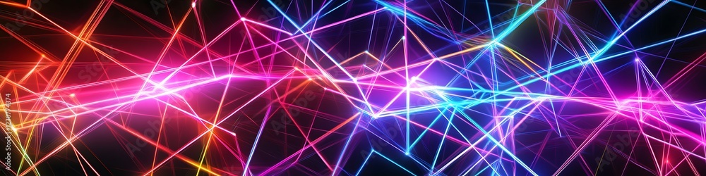 Dynamic vector lines creating a complex web of light in neon hues highlighted by bold bright lighting Dynamic vector lines creating a complex web of light in neon hues highlighted by bold bright lighting