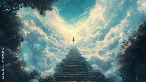 The path to heaven is a long and narrow one, but it is worth it to reach the pearly gates and see the face of god. Eternal Path. Illustration