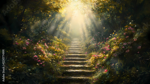 The path to heaven is a long and narrow one, but it is worth it to reach the pearly gates and see the face of god. Eternal Path. Illustration
