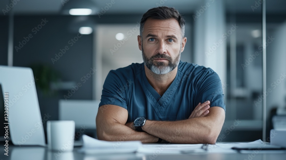 Thoughtful male doctor in scrubs sitting at a desk with arms crossed in a modern medical office