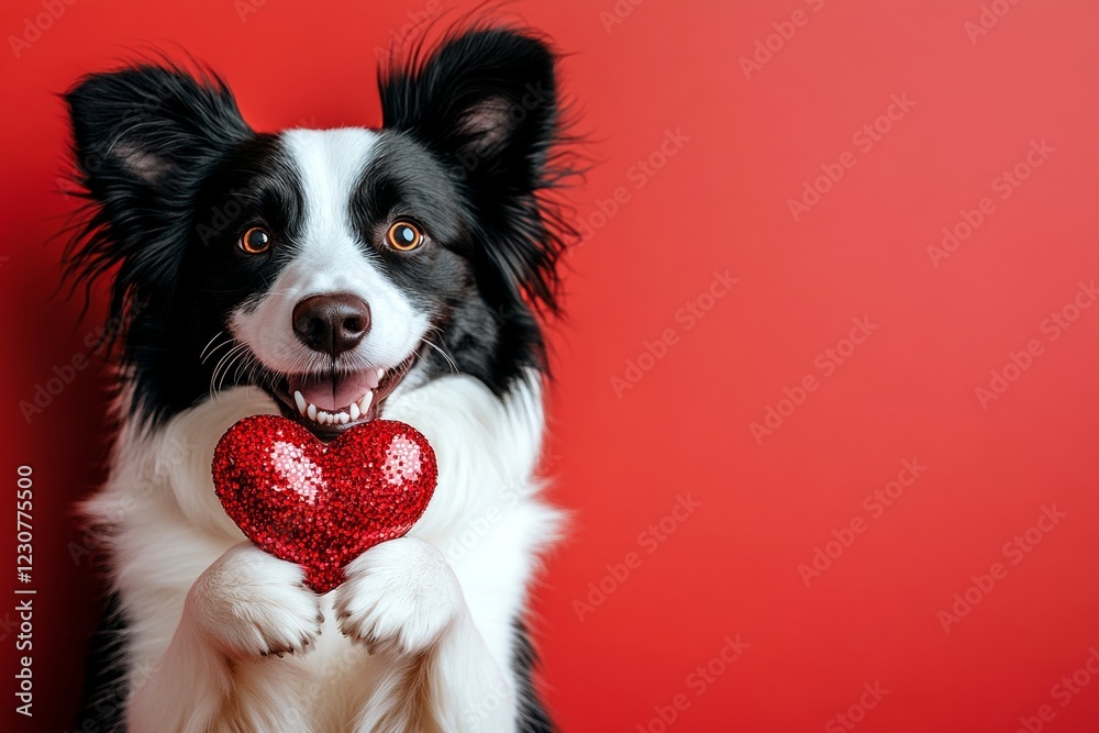 Fototapeta premium Cute border collie hound with sparkling rhinestones red heart - emblem of love, funny greeting card. Border collie - my cherished dog. Digital ads idea. Dog and roses. Heart and paw prints.