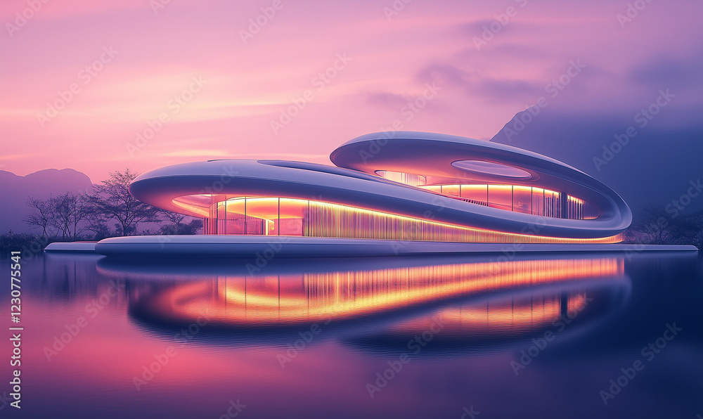 Obraz premium An Impressive Futuristic Museum Illuminated by Neon Lights for a Bold, Modern Look