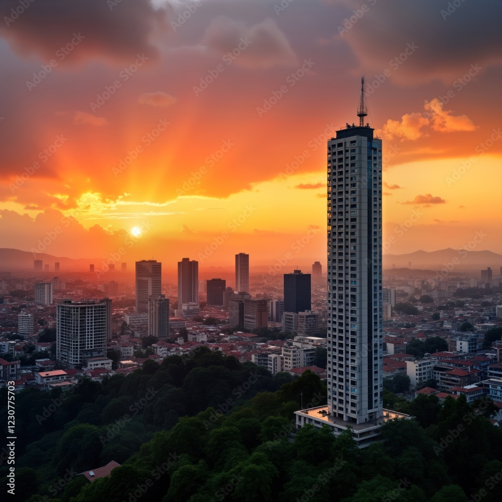 Fototapeta premium City skyline at dusk with tall modern building on hill. Urban landscape with business buildings, high rises, beautiful orange sunset sky. Panoramic view from hilltop offers vibrant colors. Strong