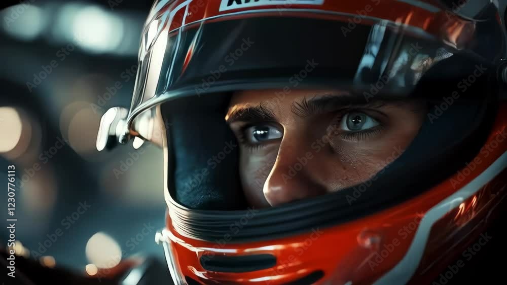 Intense focus of racing driver in helmet during highspeed race