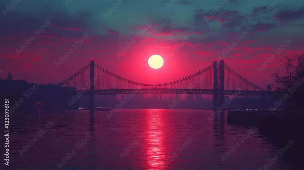 Naklejka premium Sunset over the bridge urban landscape scenic view tranquil setting colorful sky