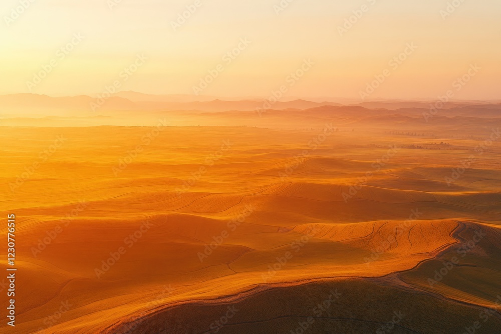 Naklejka premium Sunrise paints rolling agricultural fields in warm, golden hues, creating a breathtaking landscape.