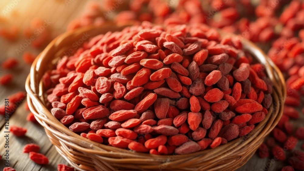 Dried goji berries displayed in a woven basket on a wooden surface Dried goji berries displayed in a woven basket on a wooden surface