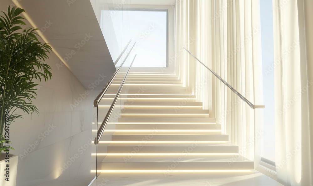 Fototapeta premium A Sleek Staircase Design Includes a Metal Railing with Bold Geometric Features, Perfect for Modern Interiors