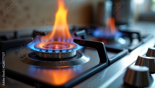 Modern gas stove burner with intense flames. Close-up view of a hot glowing gas burner. Energy and heat from a cooking appliance. Details of a kitchen hob. Interior of a modern domestic kitchen.